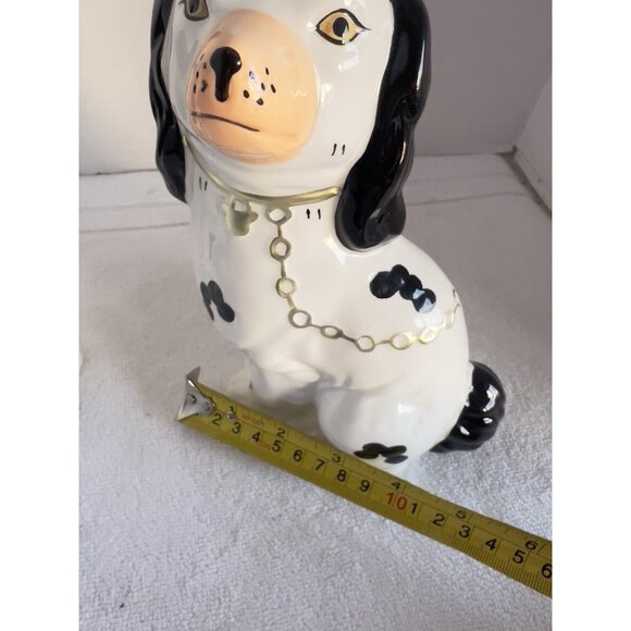 PAIR Staffordshire Style Dog 7.5"H Statues Mantle Figure Gold Chain Black White - Picture 5 of 11